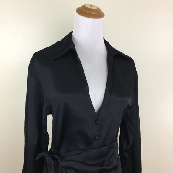 NWT ZARA Long Sleeve Black Satin Button Collared Flap Tie Overlay Front Dress - Picture 8 of 14